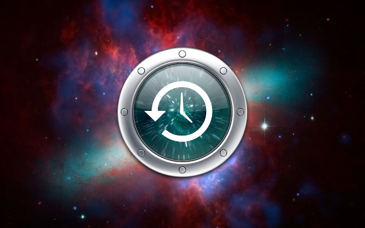 A free-floating button in deep space showing a clock with an arrow pointing counter-clockwise around it
