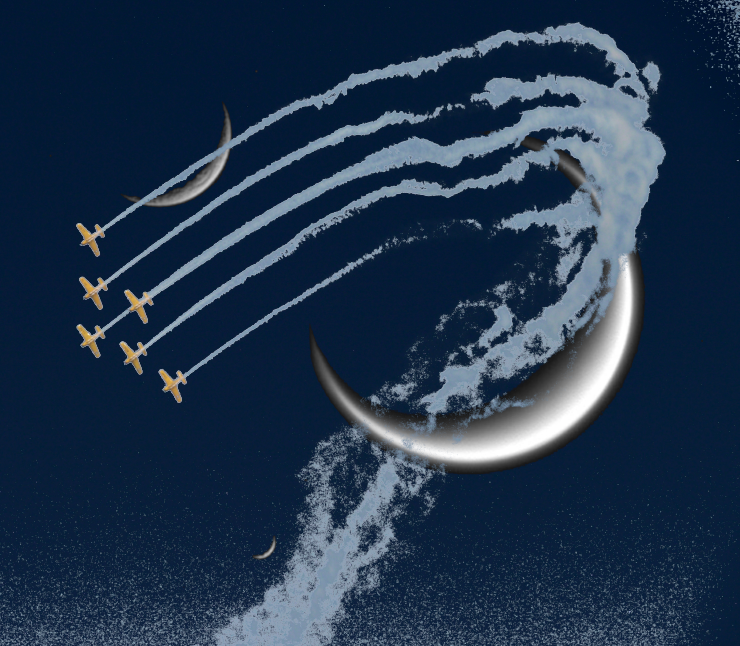 A sextet of stunt planes passing (with some editing) Titan, Rhea and Mimas