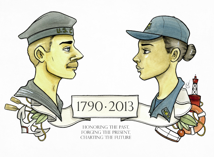 Drawing of a Guards-person in an old uniform looking across a divide at an officer in a modern uniform, with the claim of honoring the past, forging the present, and charting the future