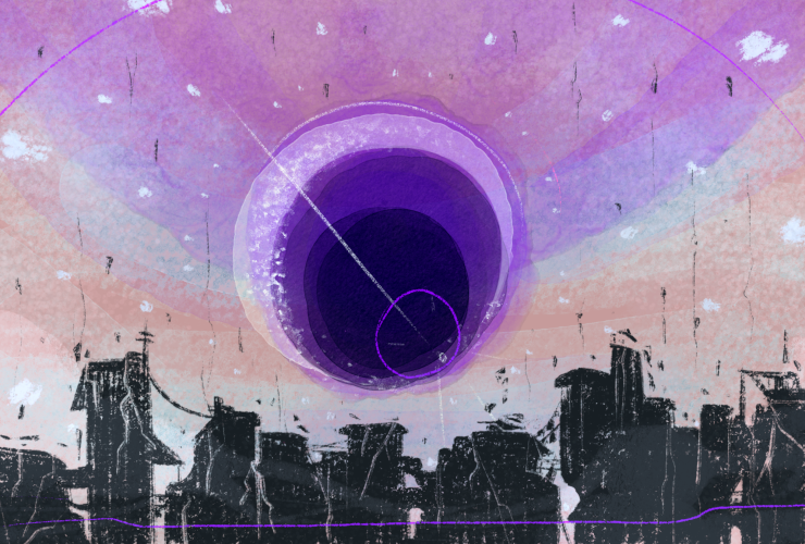 A line of ramshackle buildings in silhouette against a vividly colored sky dotted with ambiguous black and white flecks. A large black anomaly looms overhead