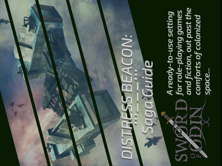 The cover to Distress Beacon, featuring an industrial-looking spaceship in a light-colored, gaseous background, viewed through shutters.  The titles refer to the Morse code for SOS, as well as the Saga Guide series and the Sword of Odin publisher
