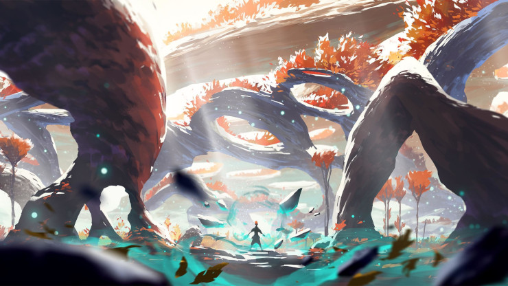 A figure in shadow with crackling hands, in a strange landscape of natural arches with rings in them