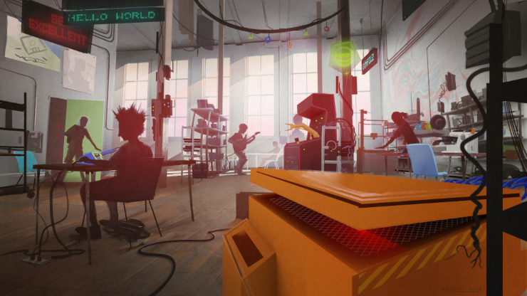 A partially abstract scene at the Glider Hackerspace, with silhouettes working and moving around