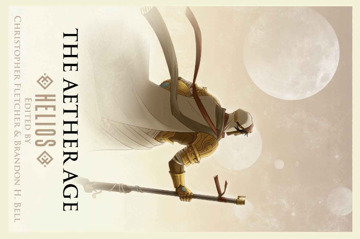 A person in loosely fitting wraps and pieces of golden armor, carrying something like an early firearm, under multiple moons