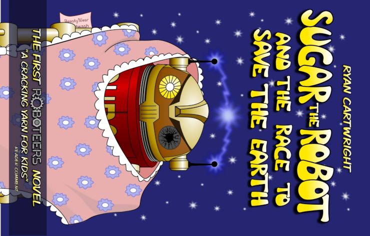 A broken robot head resting on an apparent canister, wearing a housecoat, while sparks fly between its antennae